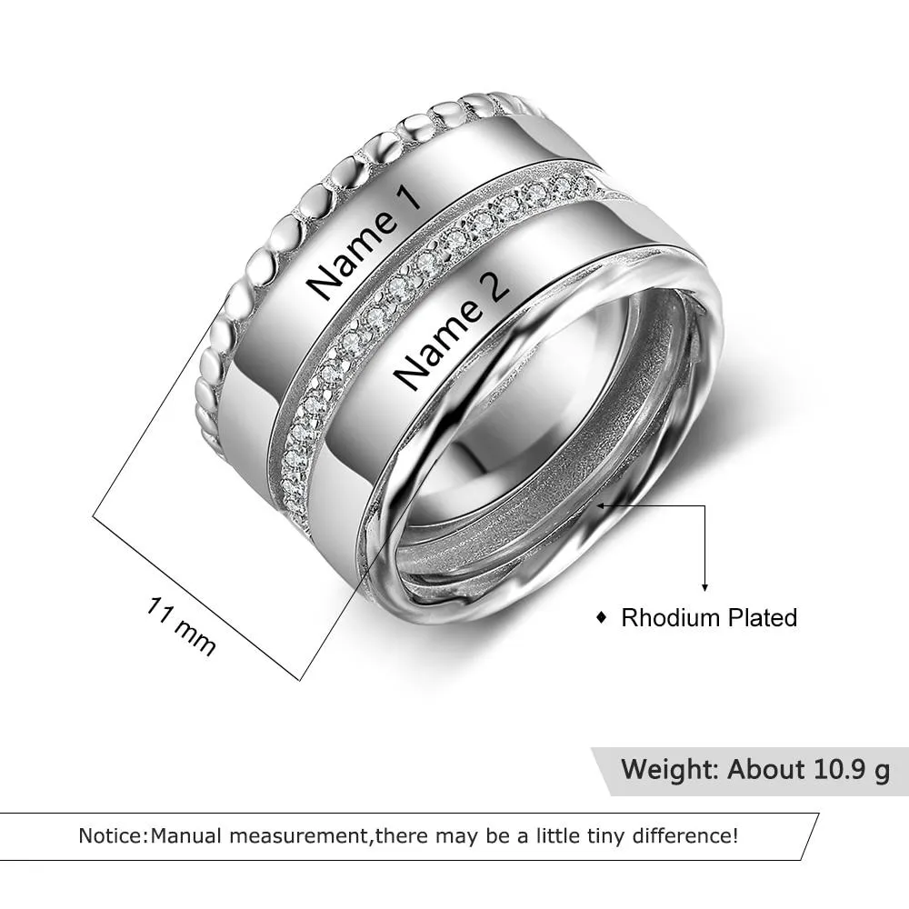 Unisex Personalized Double Top Rings, Engrave Two Custom Name, Trendy Wedding Bands