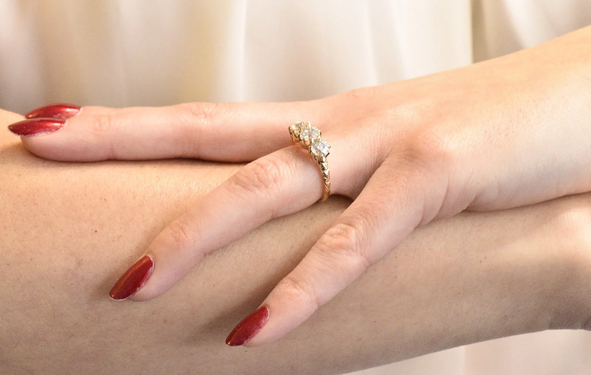 Victorian 1.65 CTW Diamond 14 Karat Gold Three Stone Ring