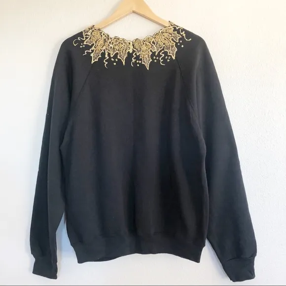 Vintage 90s Black Gold Sparkly Beaded Sweater M
