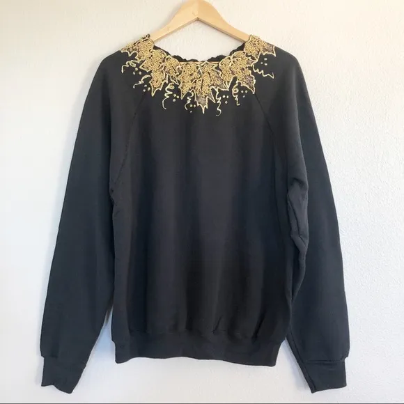 Vintage 90s Black Gold Sparkly Beaded Sweater M