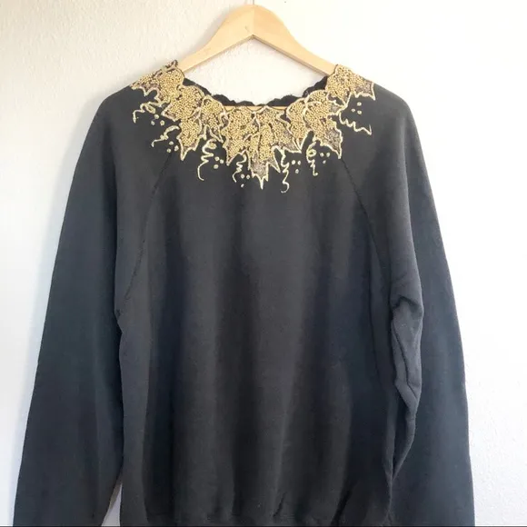 Vintage 90s Black Gold Sparkly Beaded Sweater M