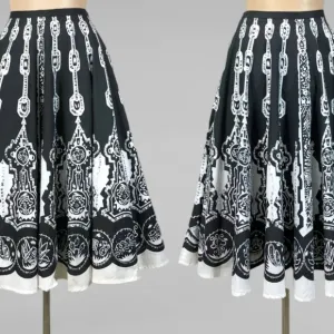 VINTAGE 90s Y2K Retro 50s Black and White Tribal Print Circle Skirt 28&quot; Waist