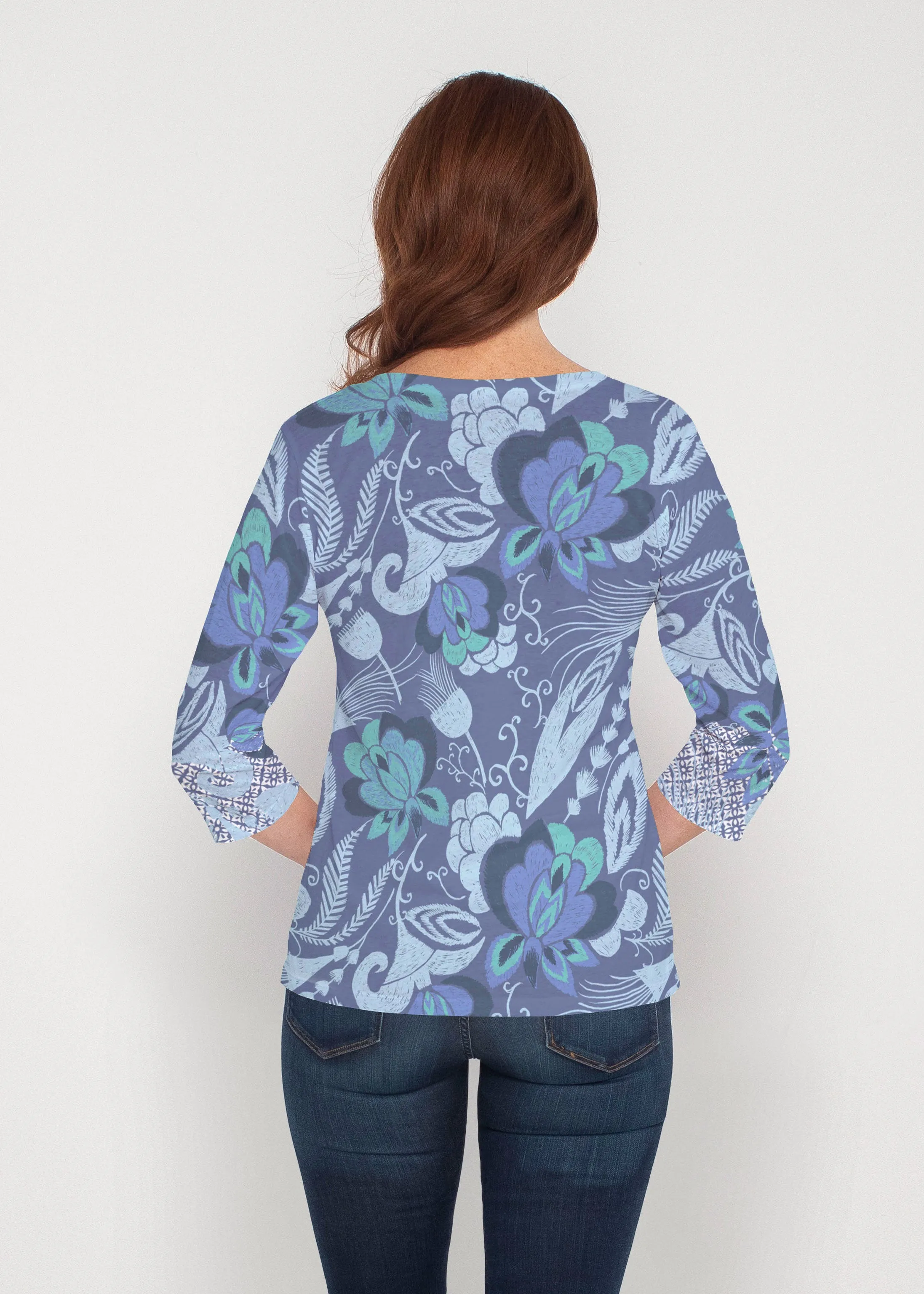Vintage Blooms Blue (8060) ~ Signature 3/4 Sleeve V-Neck Top