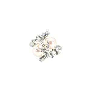 Vintage Floral Double Leaf Japanese Saltwater Akoya Cultured Pearl Ring- Sterling Silver Sz 6 1/2