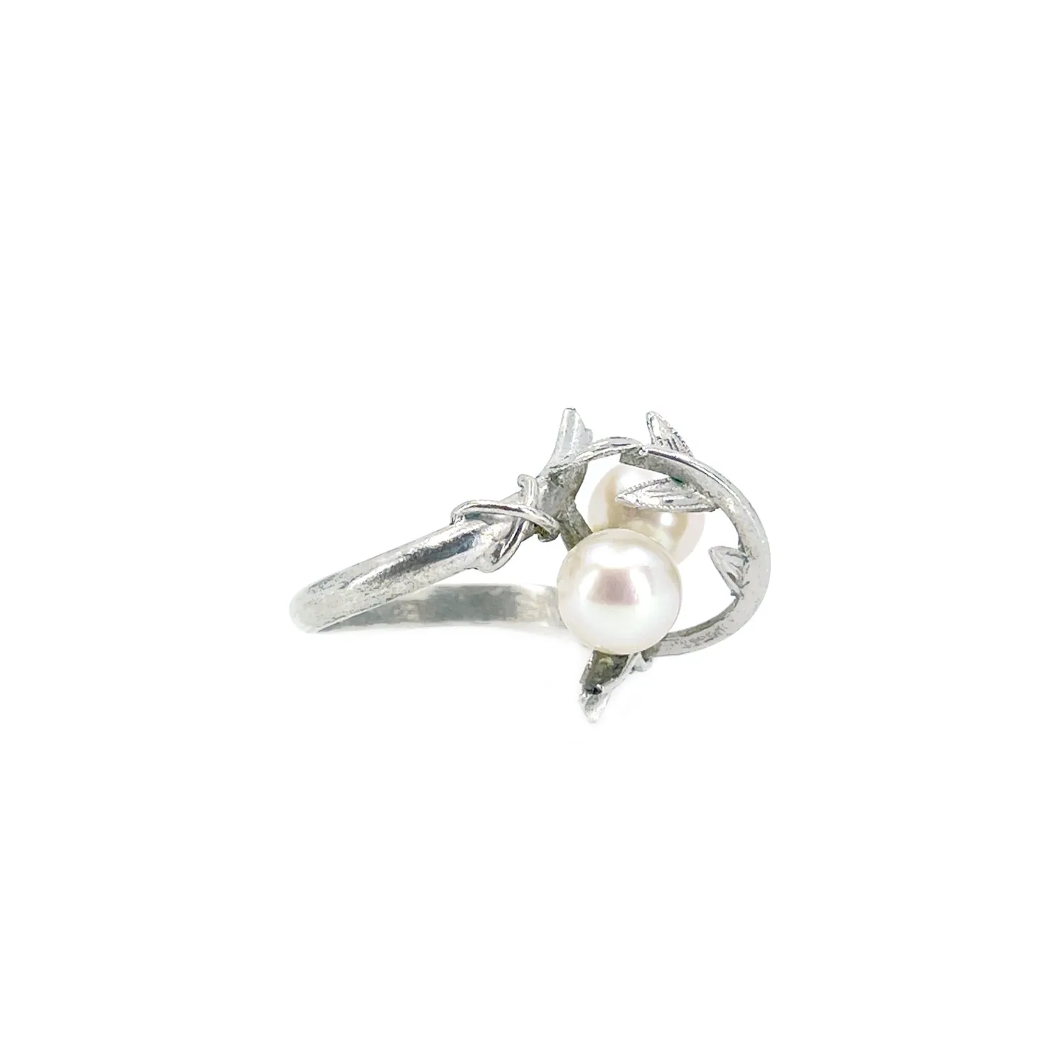 Vintage Floral Double Leaf Japanese Saltwater Akoya Cultured Pearl Ring- Sterling Silver Sz 6 1/2