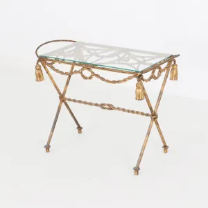 Vintage French Metal Gilded Table w/ Glass Top