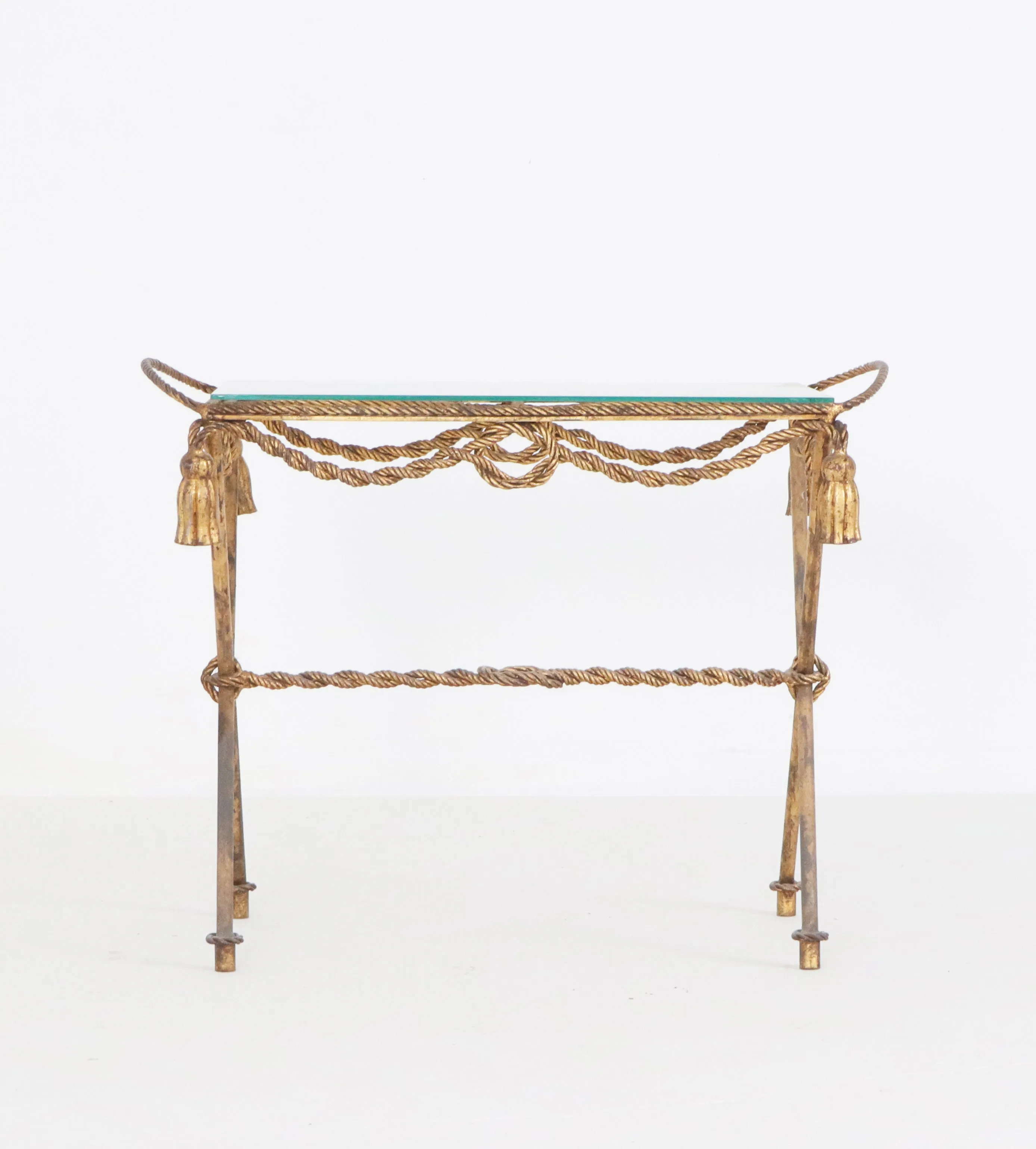 Vintage French Metal Gilded Table w/ Glass Top