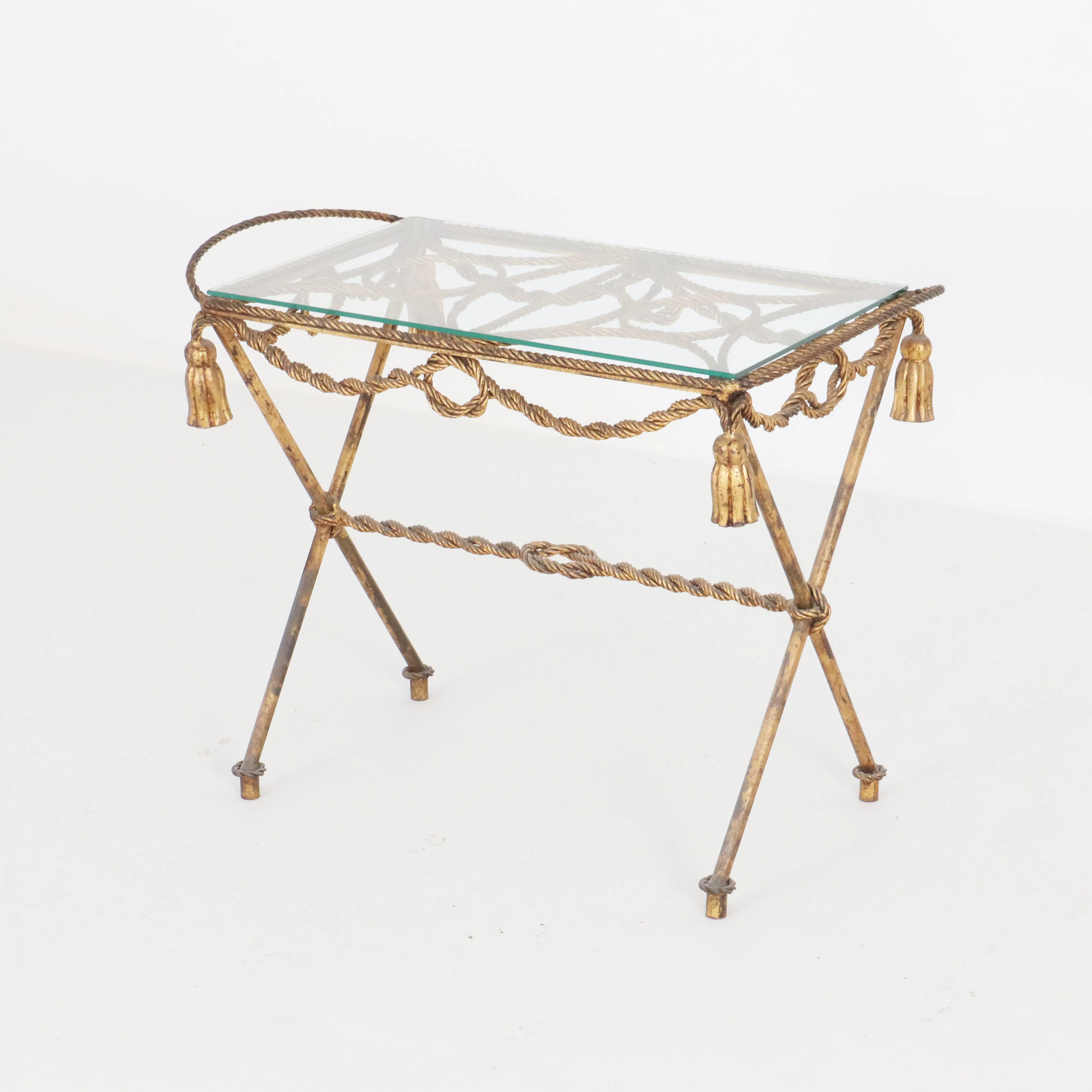 Vintage French Metal Gilded Table w/ Glass Top