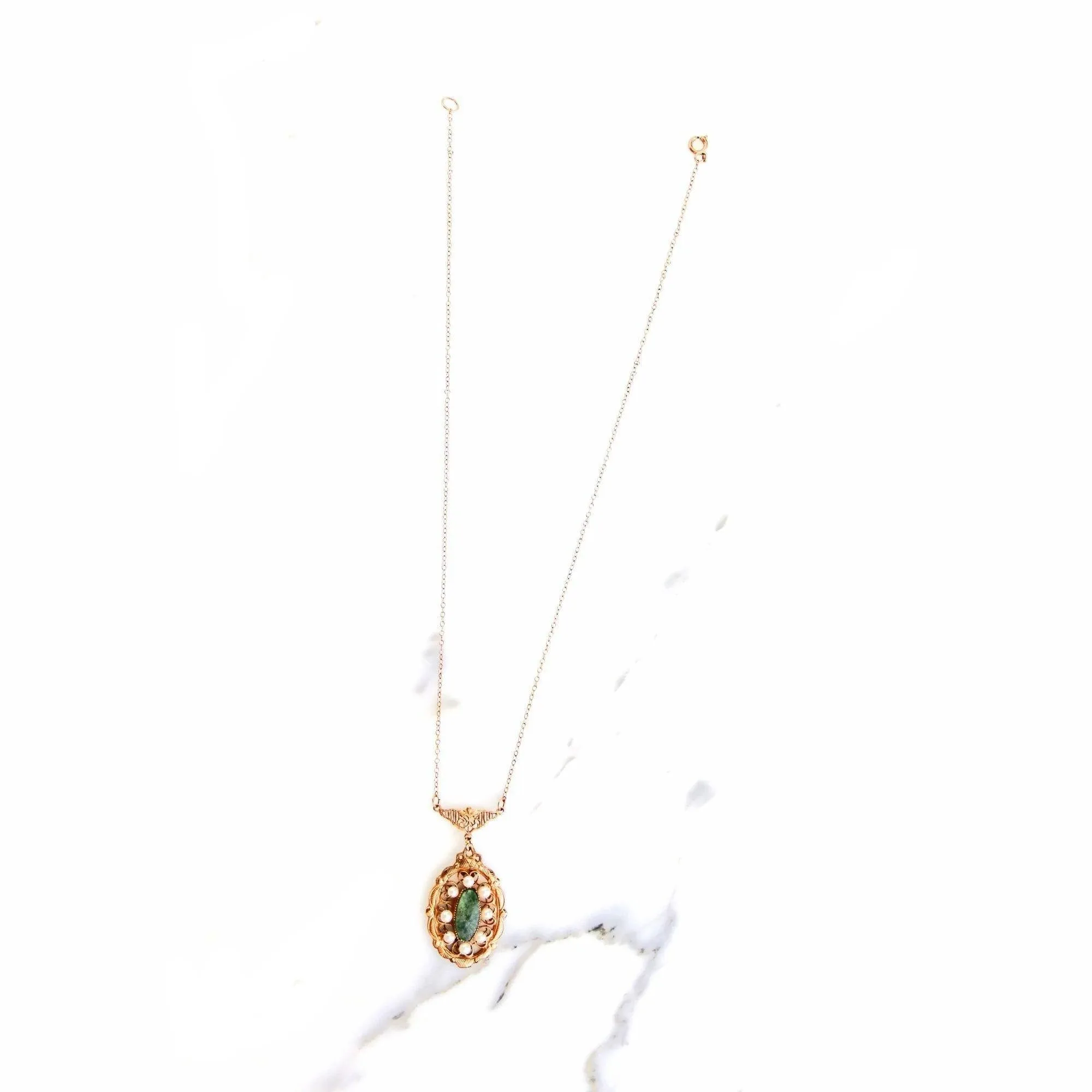 Vintage Gold Filled Jade and Seed Pearl Necklace