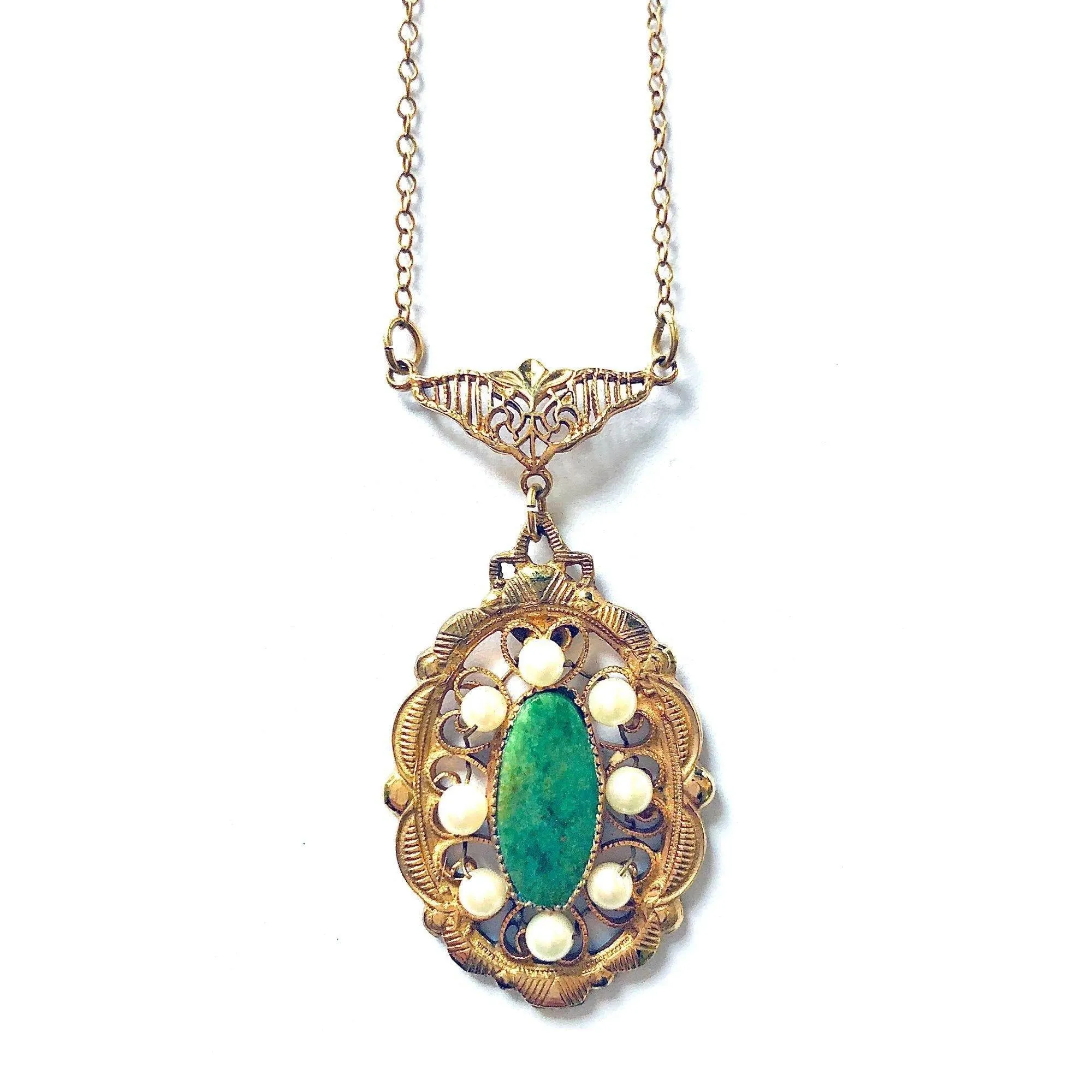 Vintage Gold Filled Jade and Seed Pearl Necklace