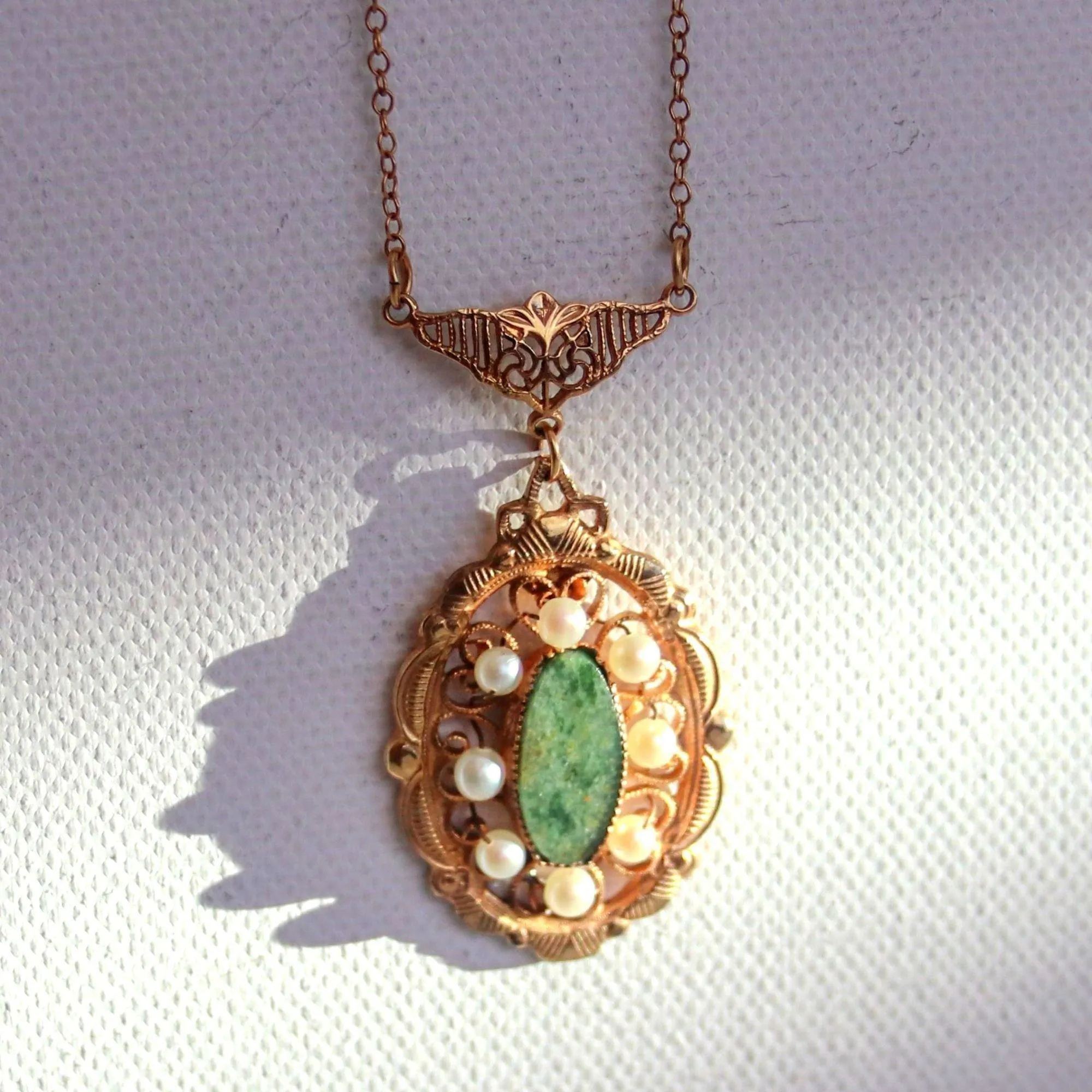 Vintage Gold Filled Jade and Seed Pearl Necklace