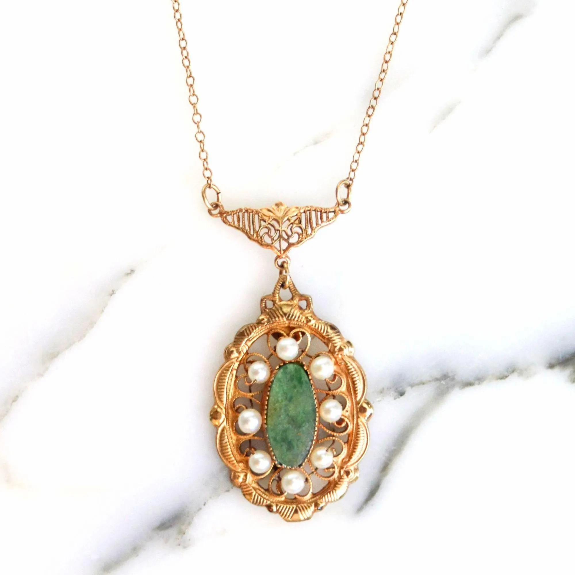 Vintage Gold Filled Jade and Seed Pearl Necklace