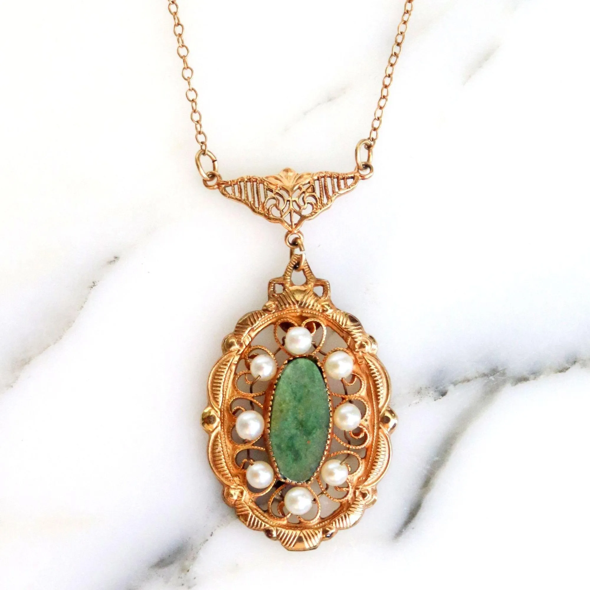 Vintage Gold Filled Jade and Seed Pearl Necklace
