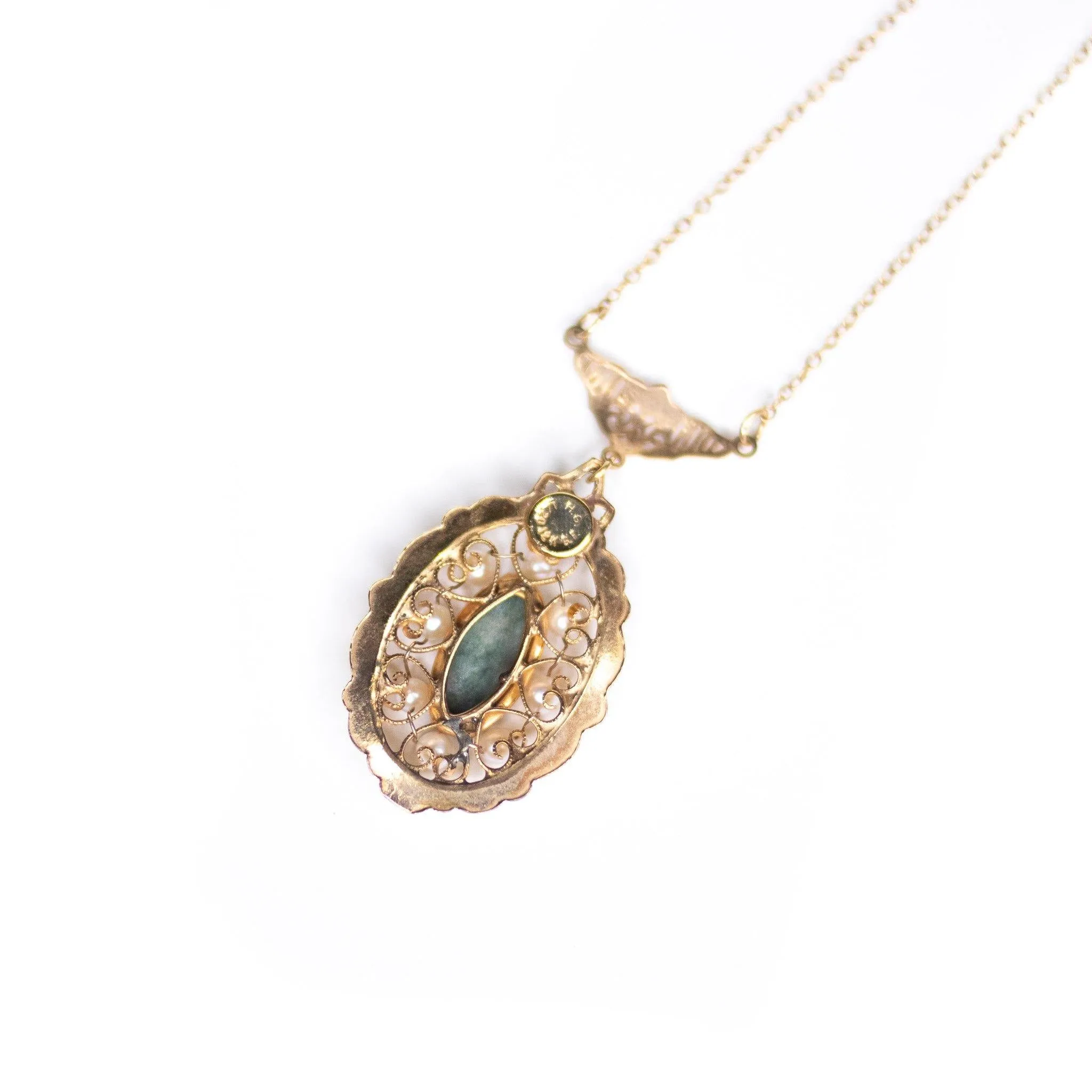 Vintage Gold Filled Jade and Seed Pearl Necklace