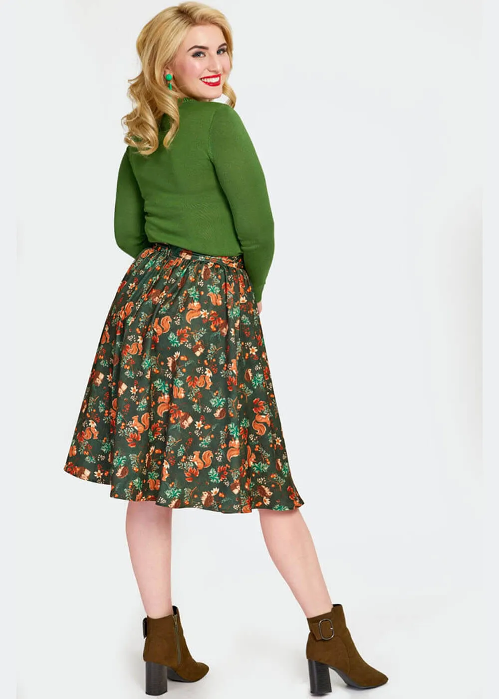 Voodoo Vixen Woodland Squirrel 50's Swing Skirt Green