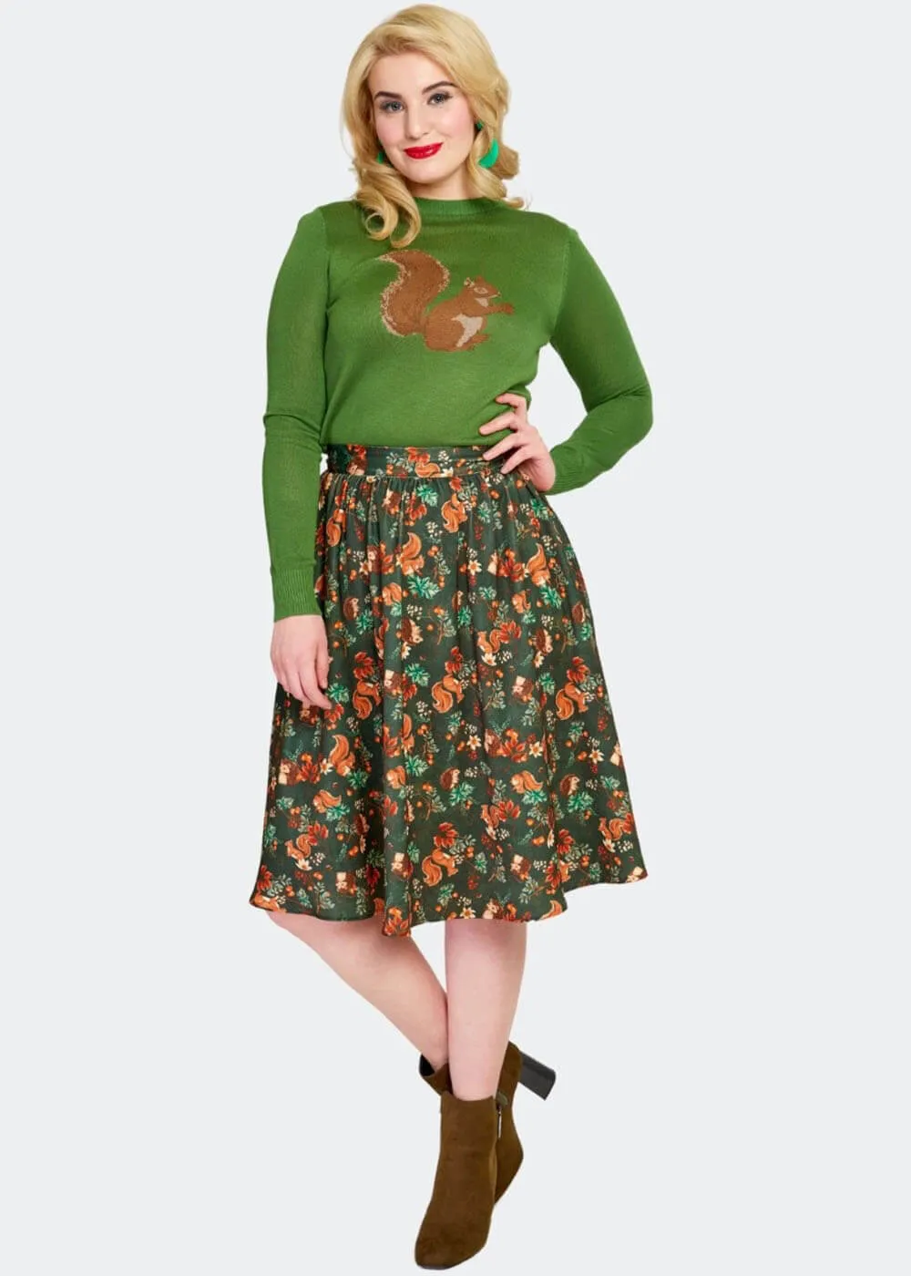 Voodoo Vixen Woodland Squirrel 50's Swing Skirt Green