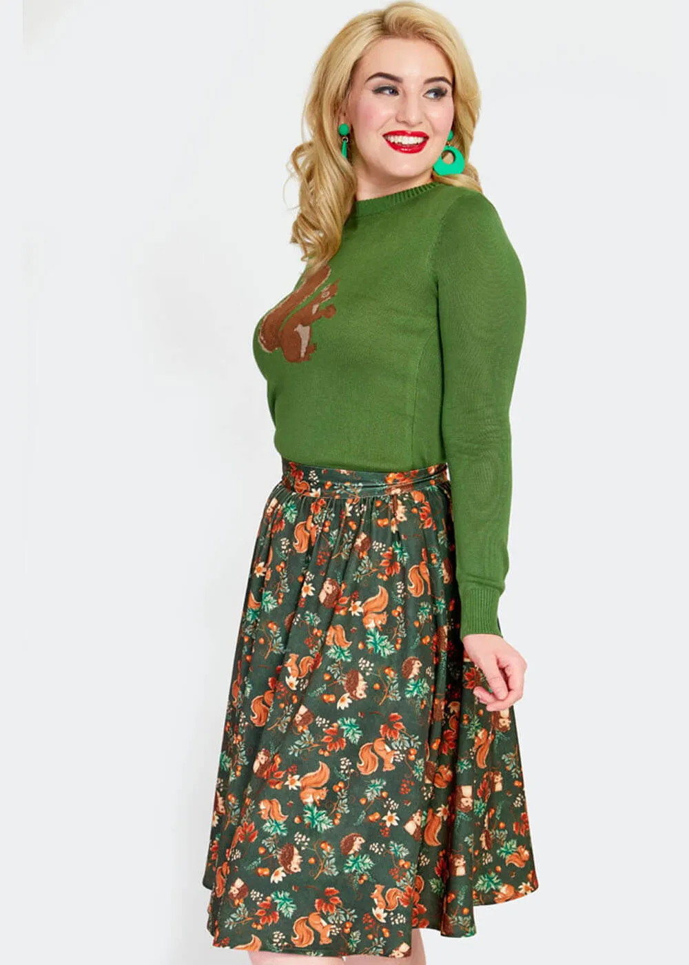 Voodoo Vixen Woodland Squirrel 50's Swing Skirt Green