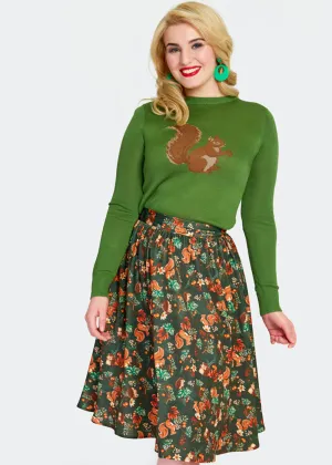 Voodoo Vixen Woodland Squirrel 50's Swing Skirt Green