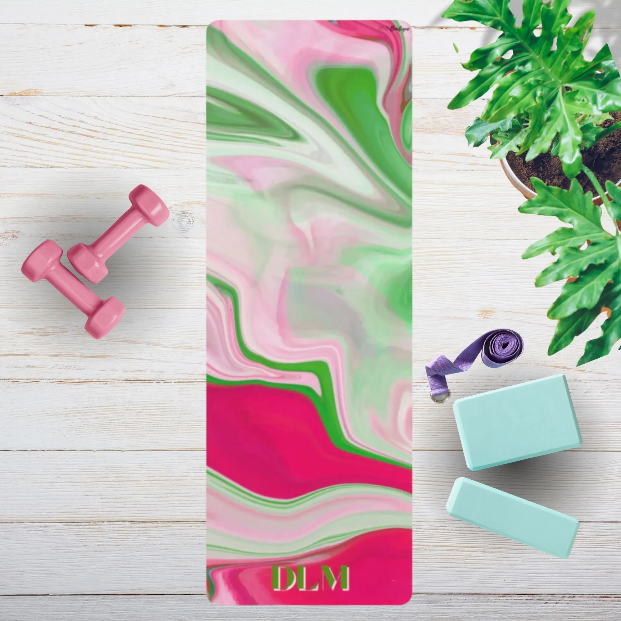 Watercolor  Pink and Green Personalized Rubber Yoga Mat