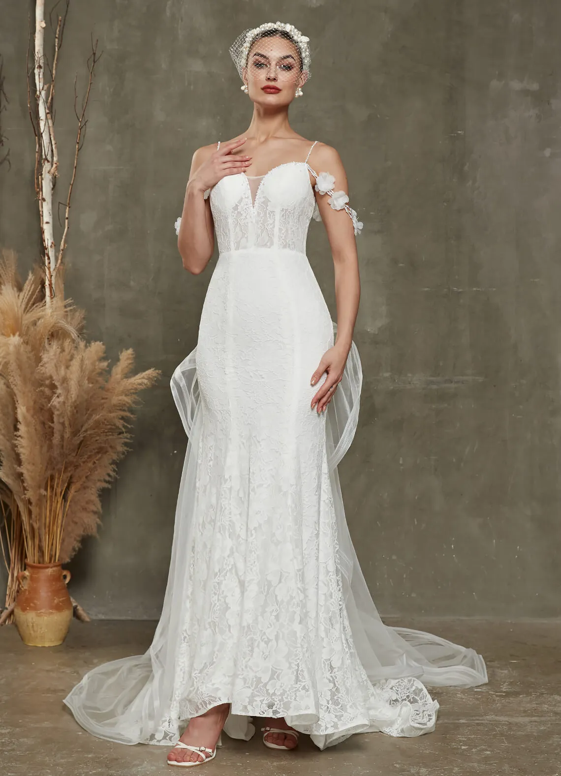 White Convertible Off-Shoulder Lace Mermaid Wedding Dress With Train