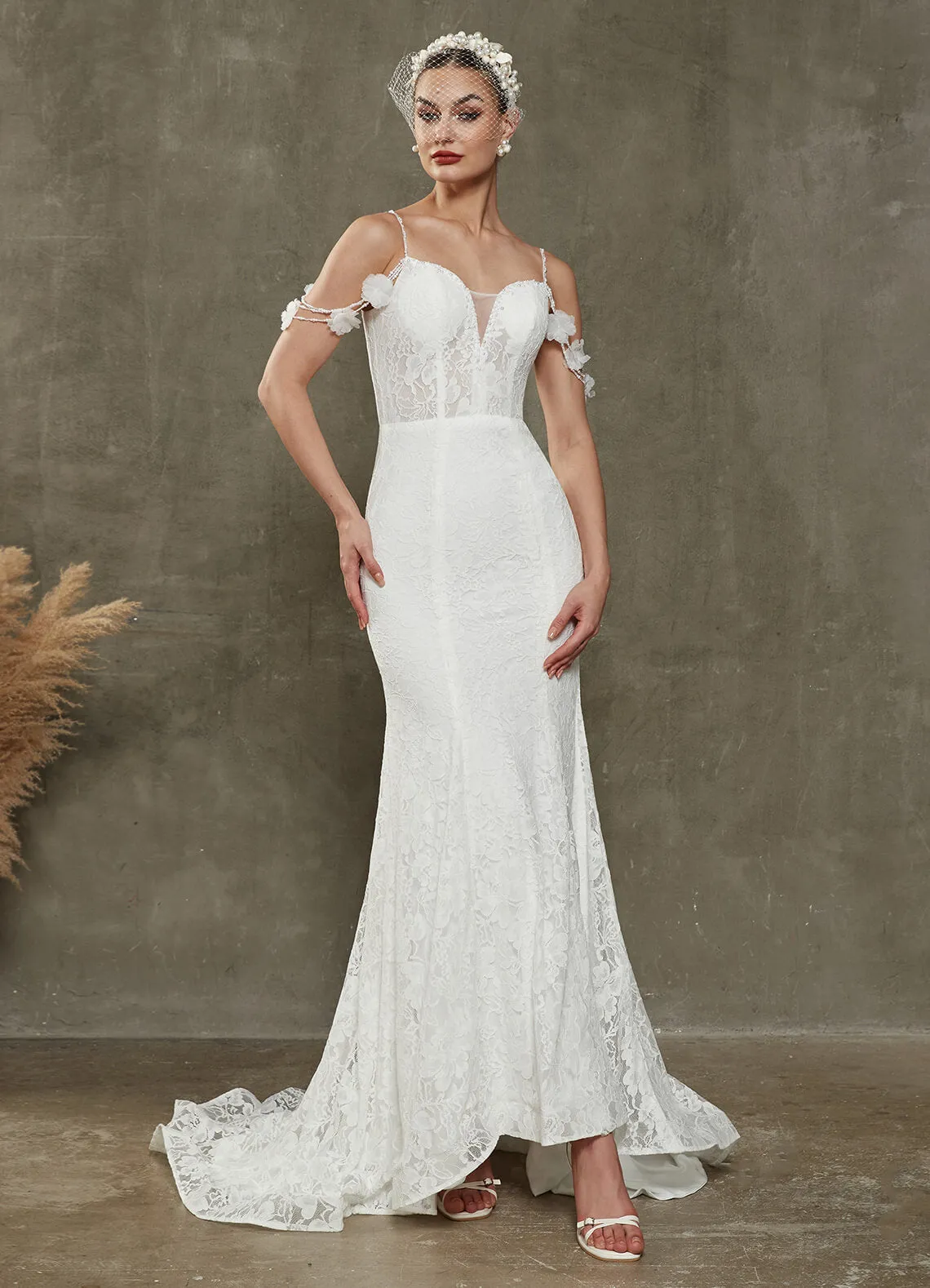 White Convertible Off-Shoulder Lace Mermaid Wedding Dress With Train