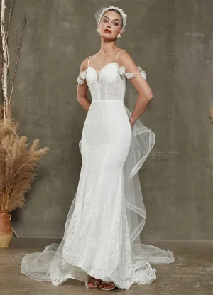 White Convertible Off-Shoulder Lace Mermaid Wedding Dress With Train