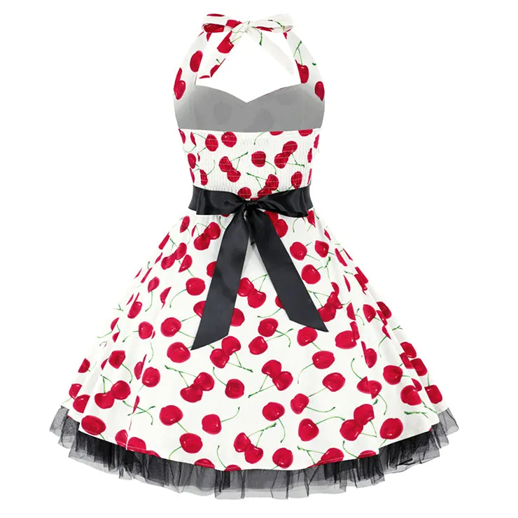 White Halterneck Cherry 50's Dress