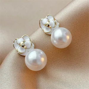 White Pearl & Enamel 18K Gold-Plated Flower Drop Earrings