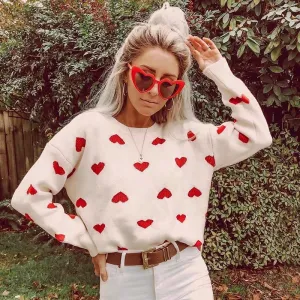 Women 'S Retro Heart Printing Loose Knitted Sweater