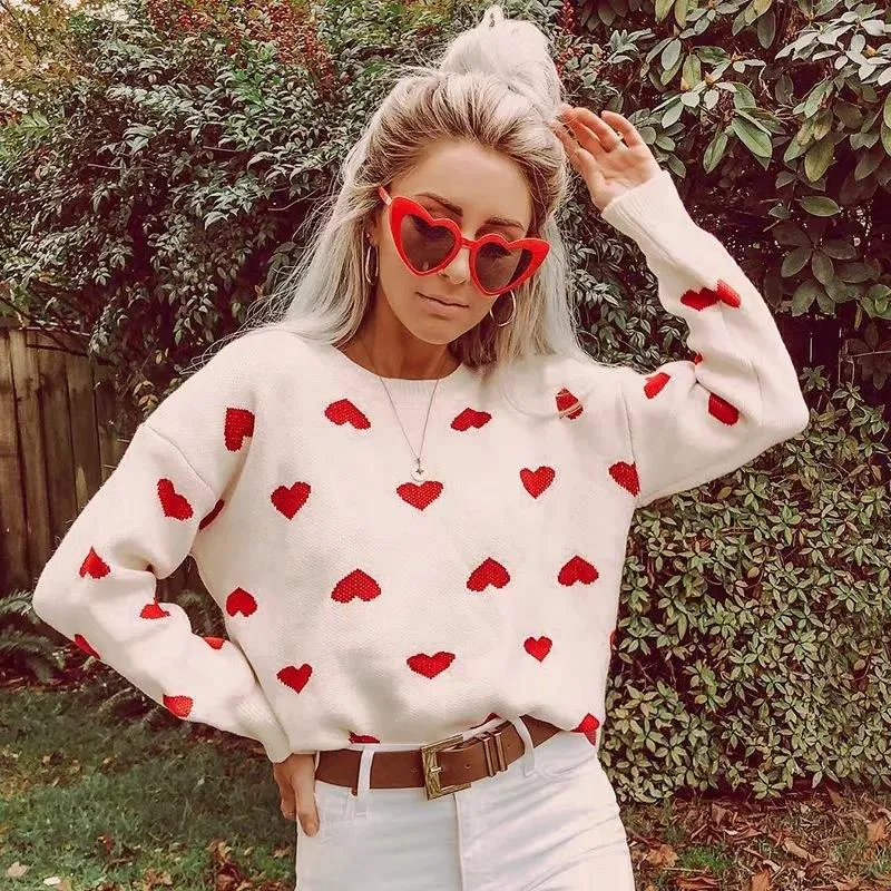 Women 'S Retro Heart Printing Loose Knitted Sweater