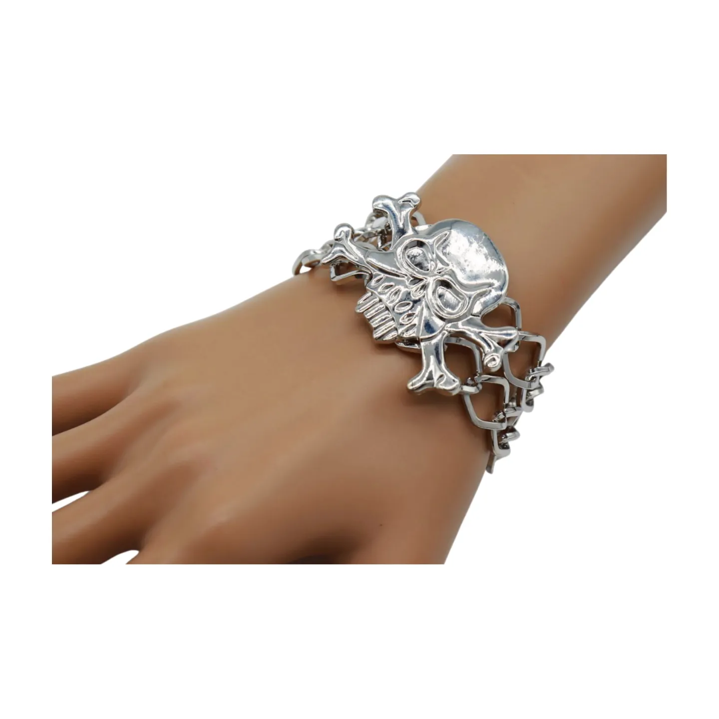 Women Silver Metal Bracelet Skeleton Skull Charm