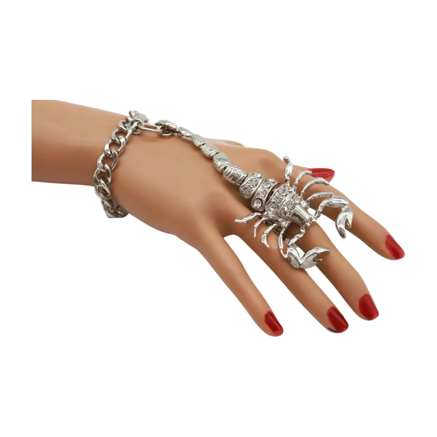 Women Silver Wrist Hand Chain Bracelet Scorpion Connected Ring One Size