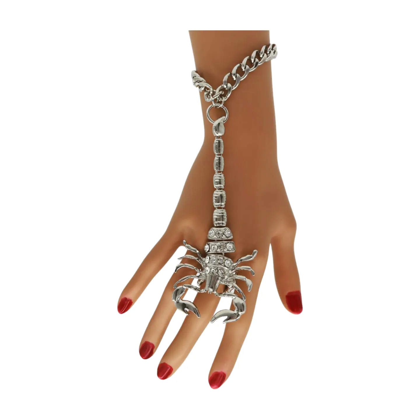 Women Silver Wrist Hand Chain Bracelet Scorpion Connected Ring One Size