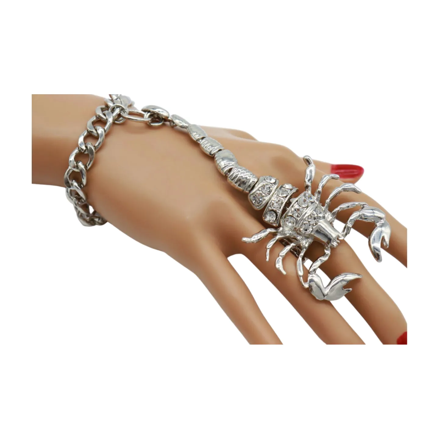 Women Silver Wrist Hand Chain Bracelet Scorpion Connected Ring One Size