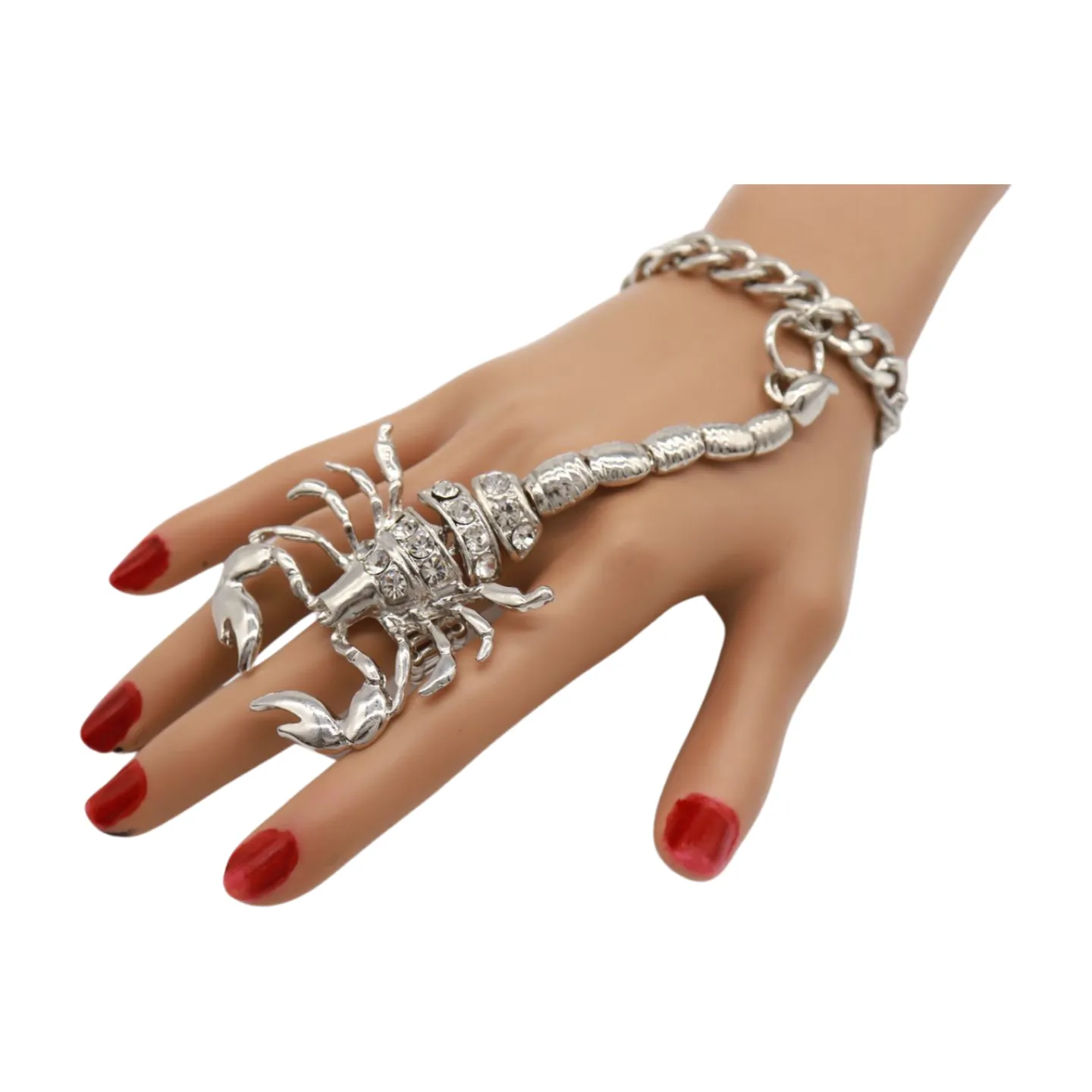 Women Silver Wrist Hand Chain Bracelet Scorpion Connected Ring One Size