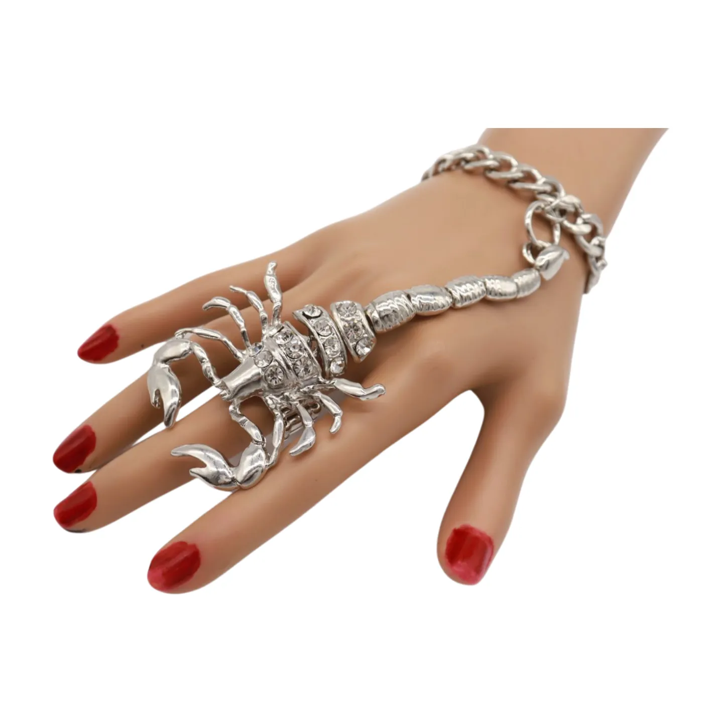 Women Silver Wrist Hand Chain Bracelet Scorpion Connected Ring One Size
