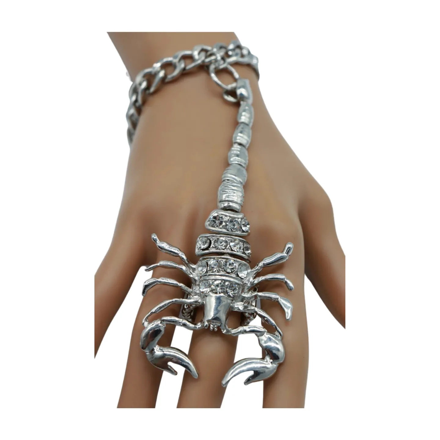 Women Silver Wrist Hand Chain Bracelet Scorpion Connected Ring One Size