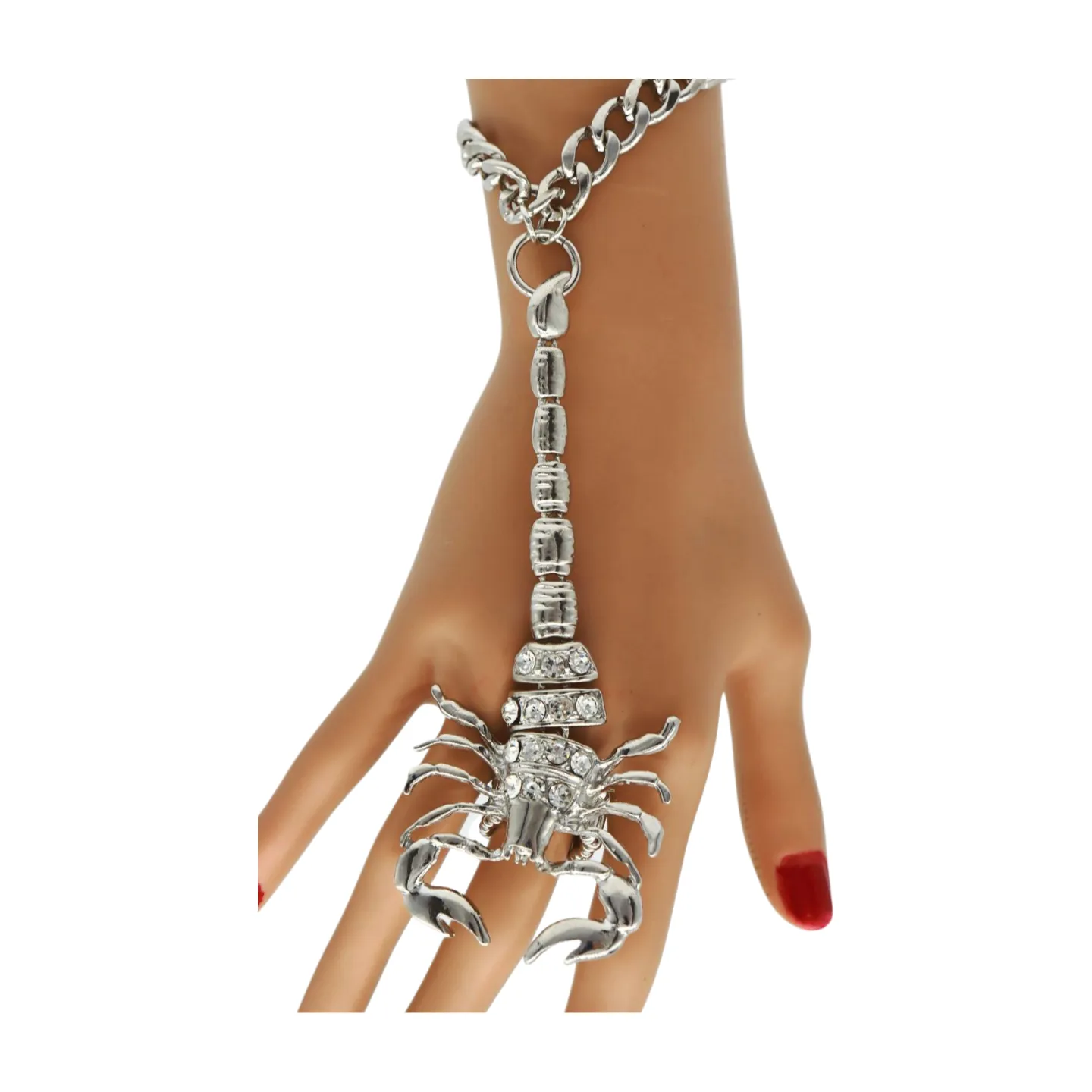 Women Silver Wrist Hand Chain Bracelet Scorpion Connected Ring One Size