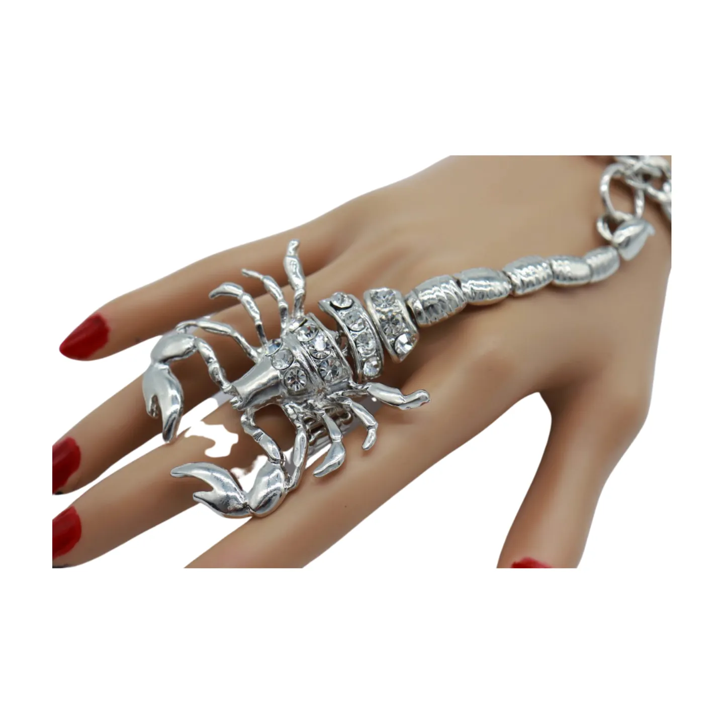 Women Silver Wrist Hand Chain Bracelet Scorpion Connected Ring One Size