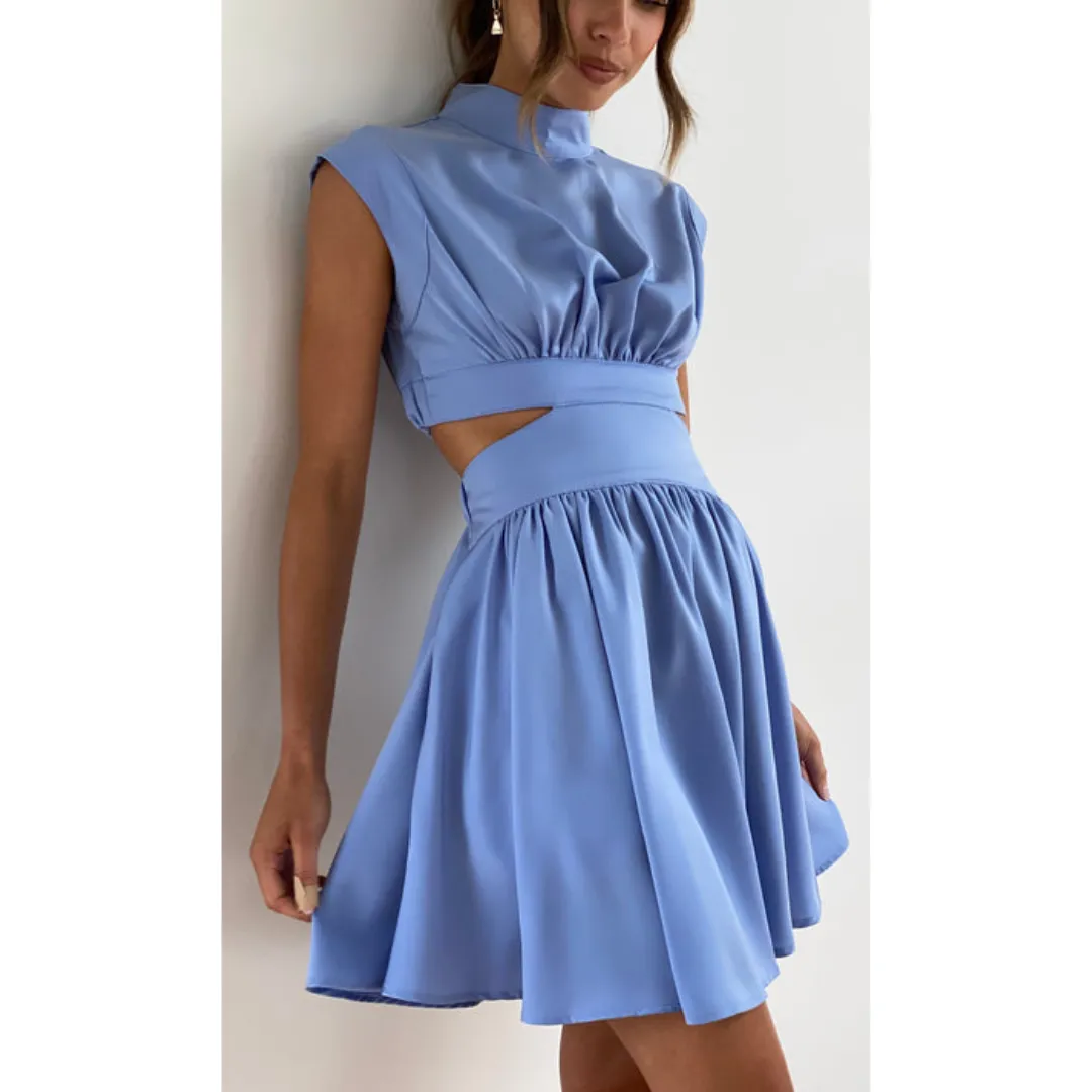 Women's Elegant High-Neck Pleated Detail Cutout Waist Dress | Midi