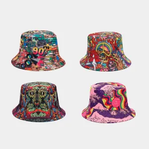 Women's Retro Color Block Printing Flat Eaves Bucket Hat