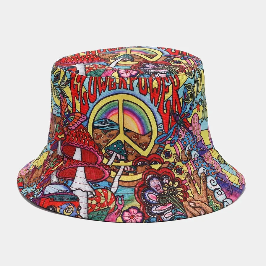 Women's Retro Color Block Printing Flat Eaves Bucket Hat