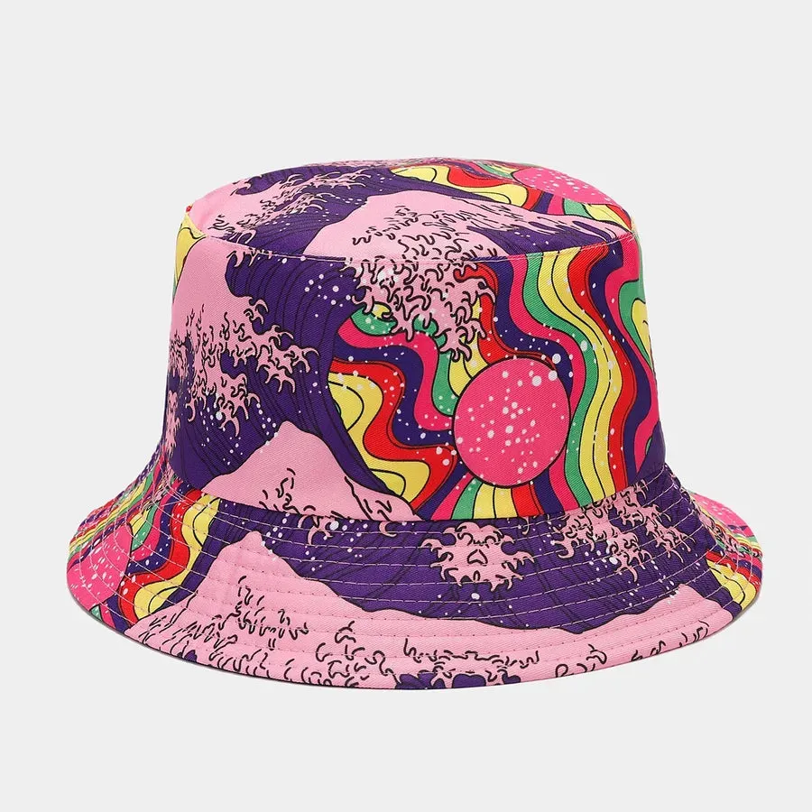 Women's Retro Color Block Printing Flat Eaves Bucket Hat