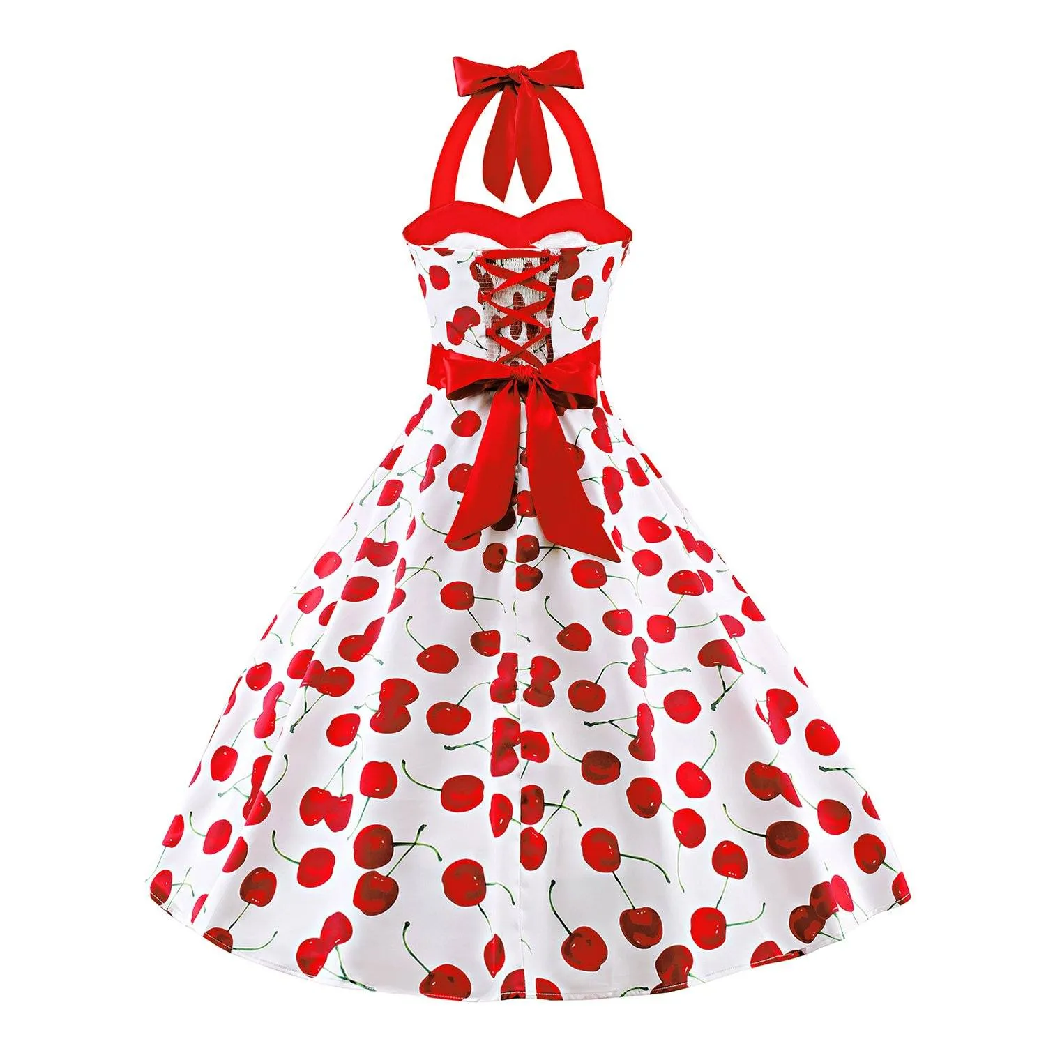 Womens Vintage Cherry Dress 50s Fashion Halter Floral Spring Garden Party