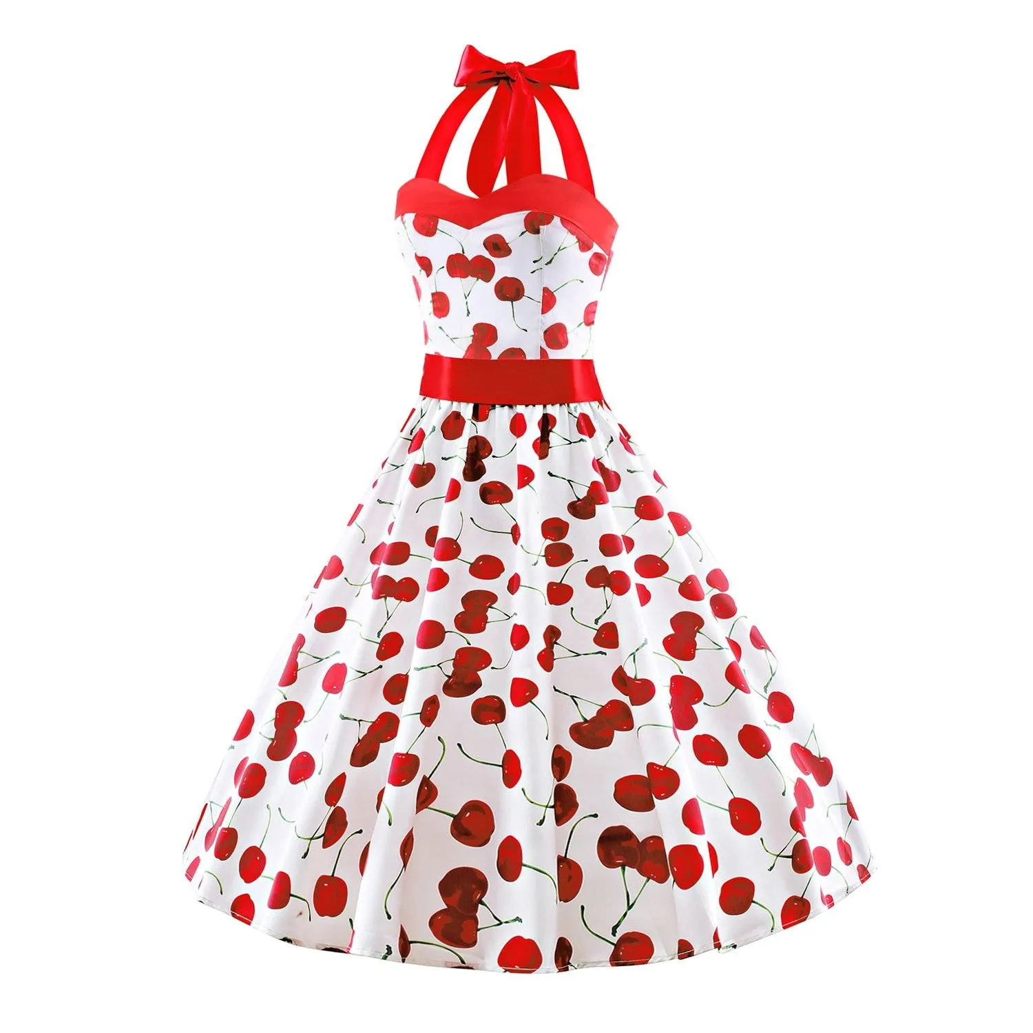 Womens Vintage Cherry Dress 50s Fashion Halter Floral Spring Garden Party