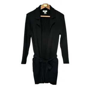 Y2K Kikit Black Ribbed Knit Long Duster Cardigan with Tie Belt Pockets Small