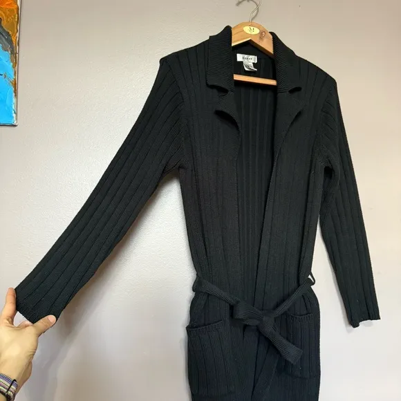 Y2K Kikit Black Ribbed Knit Long Duster Cardigan with Tie Belt Pockets Small