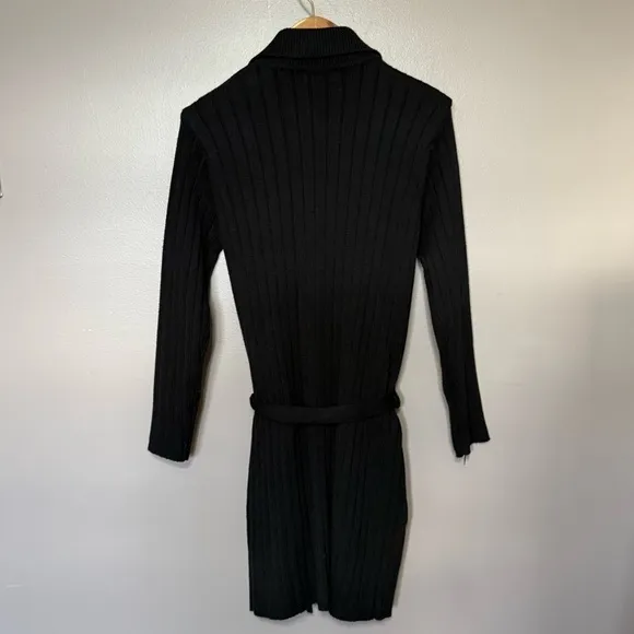 Y2K Kikit Black Ribbed Knit Long Duster Cardigan with Tie Belt Pockets Small