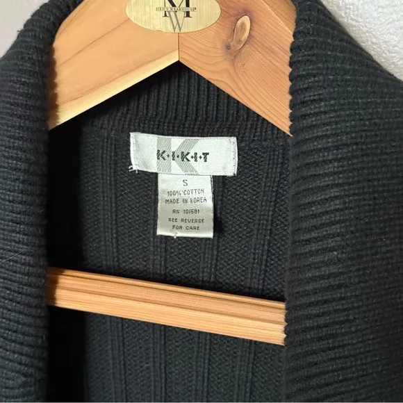 Y2K Kikit Black Ribbed Knit Long Duster Cardigan with Tie Belt Pockets Small