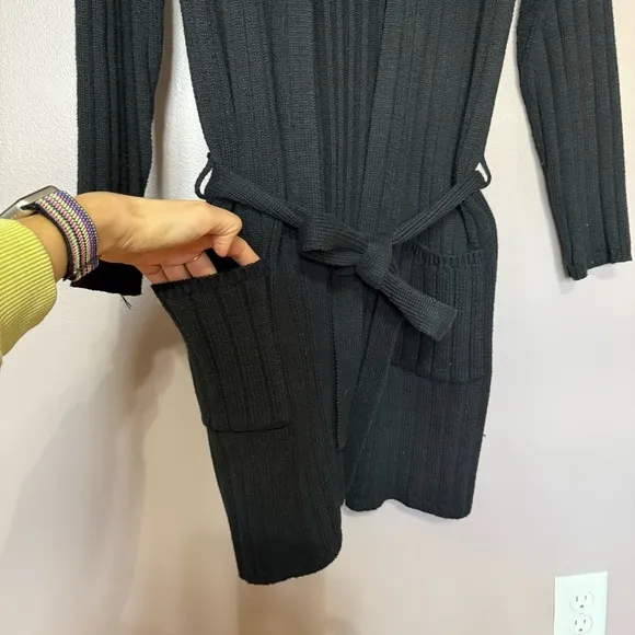 Y2K Kikit Black Ribbed Knit Long Duster Cardigan with Tie Belt Pockets Small